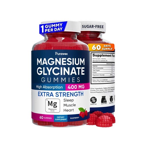 Purawex Magnesium Glycinate Gummies – High Absorption 400mg | 60 Gummies | Sleep, Muscle & Heart Support